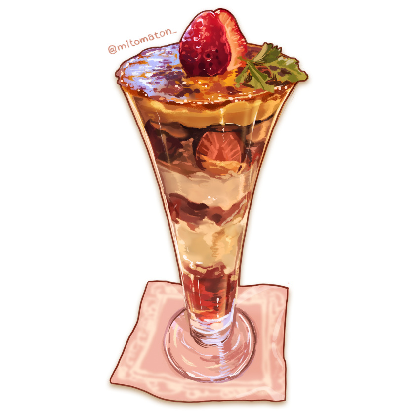 artist_name cream creme_brulee cup dessert food food_focus fruit glass highres mitomaton napkin no_humans original parfait pastry realistic simple_background still_life strawberry twitter_username white_background