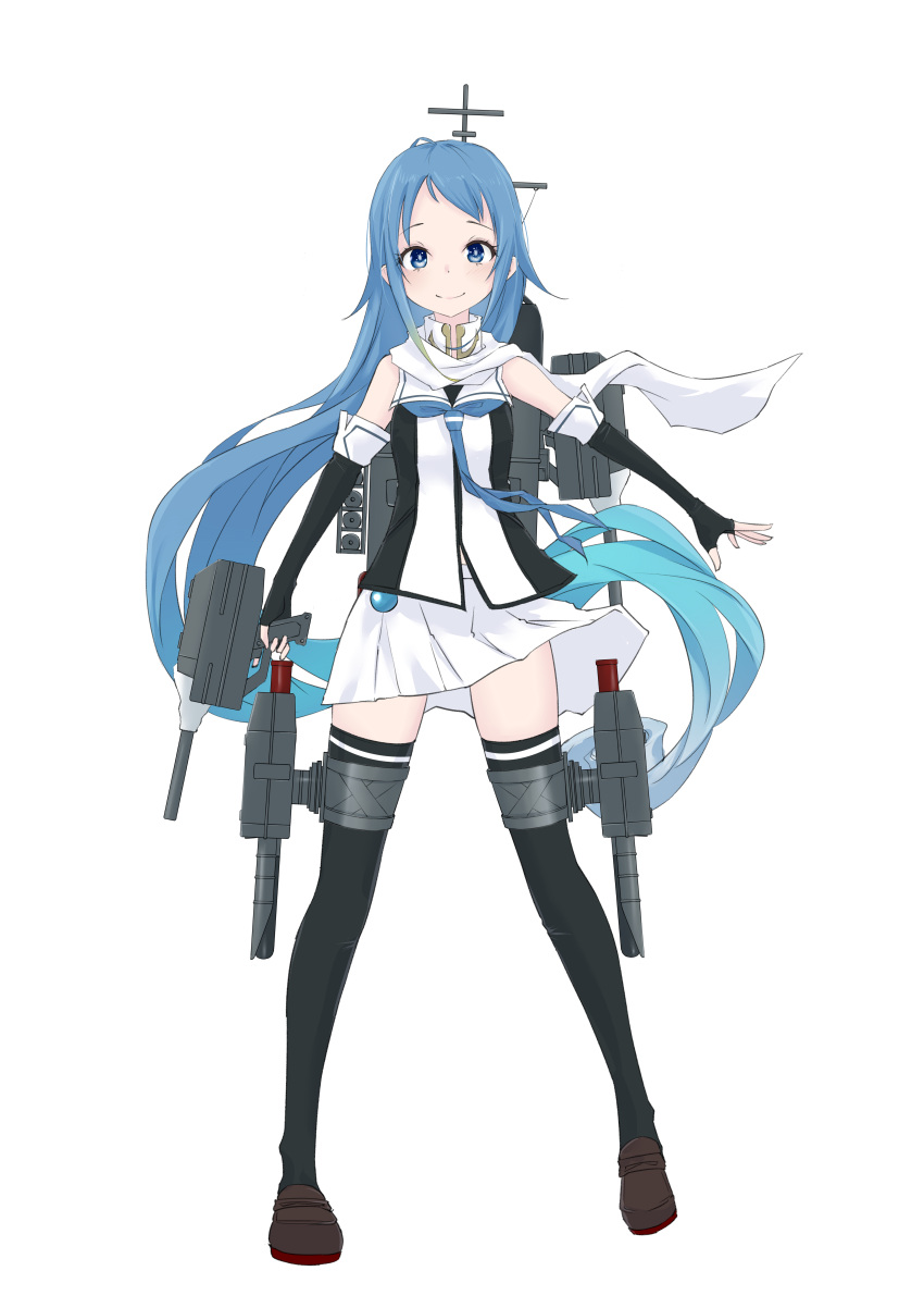 1girl absurdres adapted_turret black_gloves black_thighhighs blue_eyes blue_hair blue_neckerchief brown_footwear cannon elbow_gloves fingerless_gloves full_body gloves highres kantai_collection loafers long_hair looking_at_viewer miniskirt neckerchief neve_(morris-minicooper) original_remodel_(kantai_collection) pleated_skirt rigging samidare_(kancolle) scarf school_uniform serafuku shoes skirt smile solo standing thigh-highs thigh_strap torpedo_launcher very_long_hair white_background white_scarf white_skirt