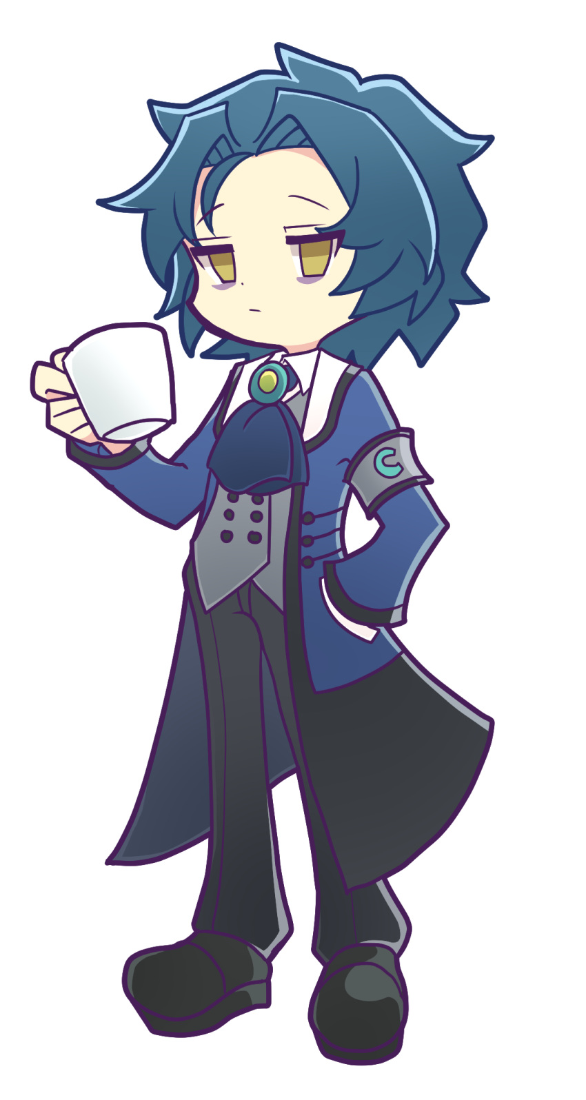 ascot bags_under_eyes black_footwear black_pants blue_ascot blue_coat blue_hair chesed_(project_moon) closed_mouth coat collared_shirt cup dot_nose full_body grey_vest hand_in_pocket highres holding holding_cup lobotomy_corporation long_sleeves mug open_clothes open_coat pants parody parted_bangs project_moon puyopuyo shichou_(o_2538) shirt short_hair standing style_parody vest white_shirt