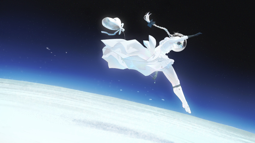 1girl arm_up balloon black_bow black_socks boots bow braid colored_skin commentary_request dress dress_bow earmuffs elbow_gloves floating from_side full_body gloves hair_bow headphones heart_balloon highres holding holding_balloon in_orbit knee_boots kneehighs leaning_forward long_hair long_sleeves looking_down mi8pq planet plantar_flexion profile sekka_yufu sky snowflake_ornament socks solo space space_helmet star_(sky) starry_sky utau white_bow white_dress white_footwear white_hair white_skin wide_shot