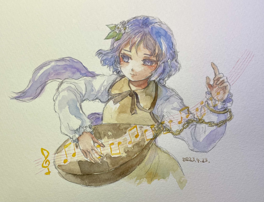 copyright_request dated flower frilled_sleeves frills hair_flower hair_ornament highres musical_note painting_(medium) shiroma_(mamiko) shirt skirt traditional_media treble_clef tsukumo_benben vest watercolor_(medium) white_shirt yellow_skirt yellow_vest