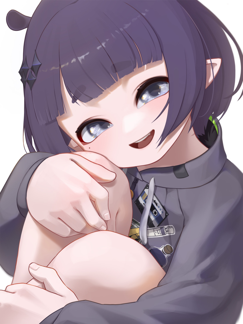 1girl absurdres appleblossomtea blue_eyes blush fang grey_hood grey_hoodie highres hololive hololive_english hood hoodie looking_at_viewer mole mole_under_eye ninomae_ina'nis ninomae_ina'nis_(5th_costume) open_mouth parted_bangs pixie_cut pointy_ears purple_hair short_hair smile solo swept_bangs teeth upper_body upper_teeth_only virtual_youtuber