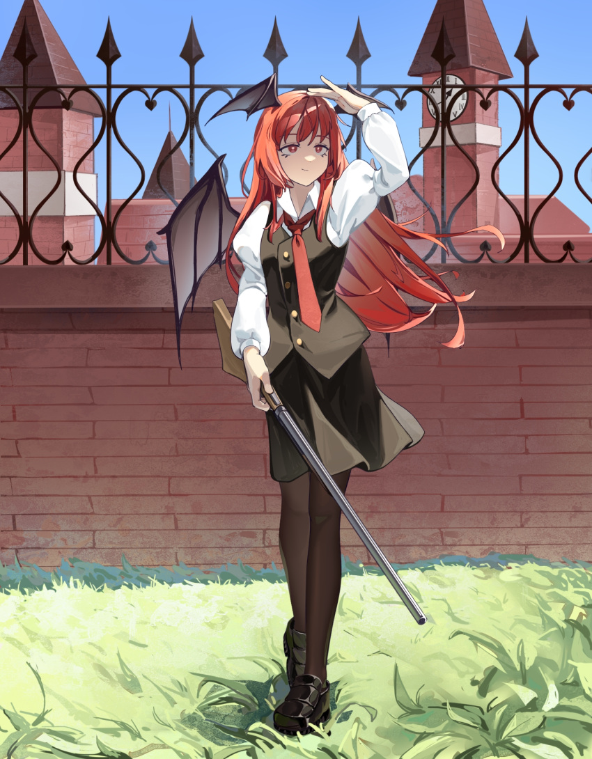 1girl arm_up bat_wings black_skirt black_vest breasts brick_wall bright_pupils clock clock_tower closed_mouth day full_body gun head_wings highres holding holding_gun holding_weapon juliet_sleeves koakuma light_smile long_hair long_sleeves looking_ahead necktie outdoors pantyhose puffy_sleeves railing red_eyes red_necktie redhead rifle scarlet_devil_mansion skirt skirt_set small_breasts solo song113 standing touhou tower very_long_hair vest weapon white_pupils wind wing_collar wings
