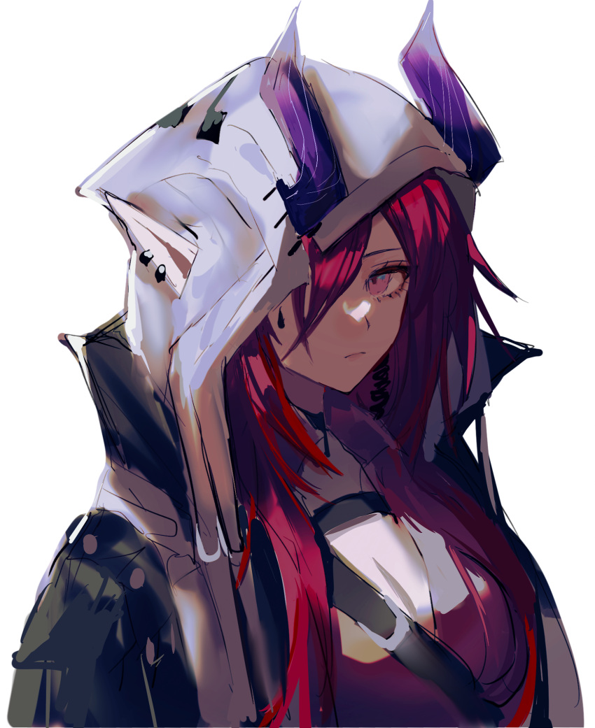 1girl anpoai arknights ascalon_(arknights) black_choker black_jacket chinese_commentary choker closed_mouth commentary_request demon_girl demon_horns ear_piercing ears_through_hood expressionless hair_over_one_eye highres hood hood_up hooded_jacket horns horns_through_hood jacket lips looking_at_viewer one_eye_covered piercing pointy_ears purple_hair purple_shirt shirt simple_background sketch solo teardrop_facial_mark upper_body violet_eyes white_background white_hood