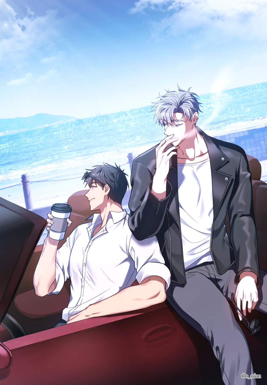 2boys absurdres black_jacket brown_hair car clouds collared_shirt commentary_request convertible cup day disposable_cup highres ilay_riegrow jacket jeong_taeui korean_commentary male_focus motor_vehicle multiple_boys o_ssion ocean open_clothes passion_(manhwa) red_car shirt sitting_on_car sky smoke_trail smoking sunglasses white_hair white_shirt