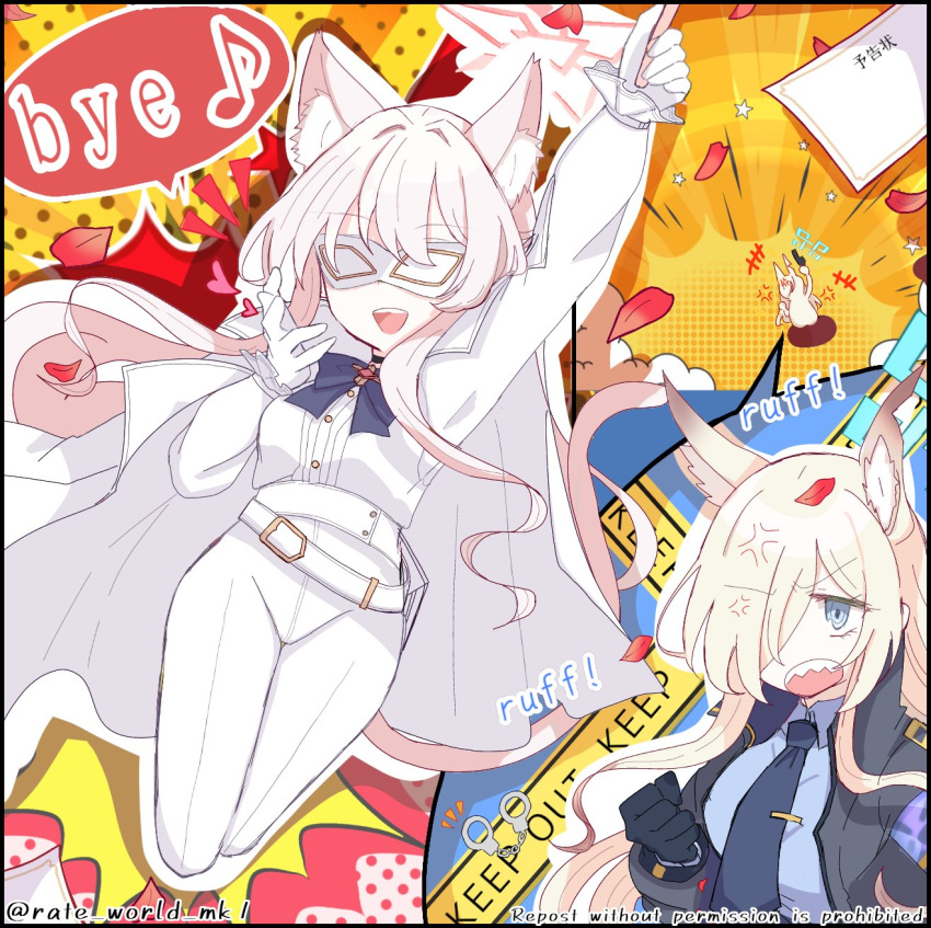 2girls :d akira_(blue_archive) anger_vein animal_ear_fluff animal_ears belt black_bow black_bowtie black_choker black_gloves black_jacket blonde_hair blue_archive blue_eyes blue_necktie blue_shirt bow bowtie brooch cat_ears cat_tail choker coat coat_on_shoulders collared_shirt commentary_request cuffs english_text eye_mask gloves hair_over_one_eye handcuffs heart highres jacket jewelry kanna_(blue_archive) long_hair multiple_girls necktie pants rate_world_mk1 sharp_teeth shirt shirt_tucked_in smile tail teeth white_belt white_coat white_gloves white_hair white_pants white_shirt