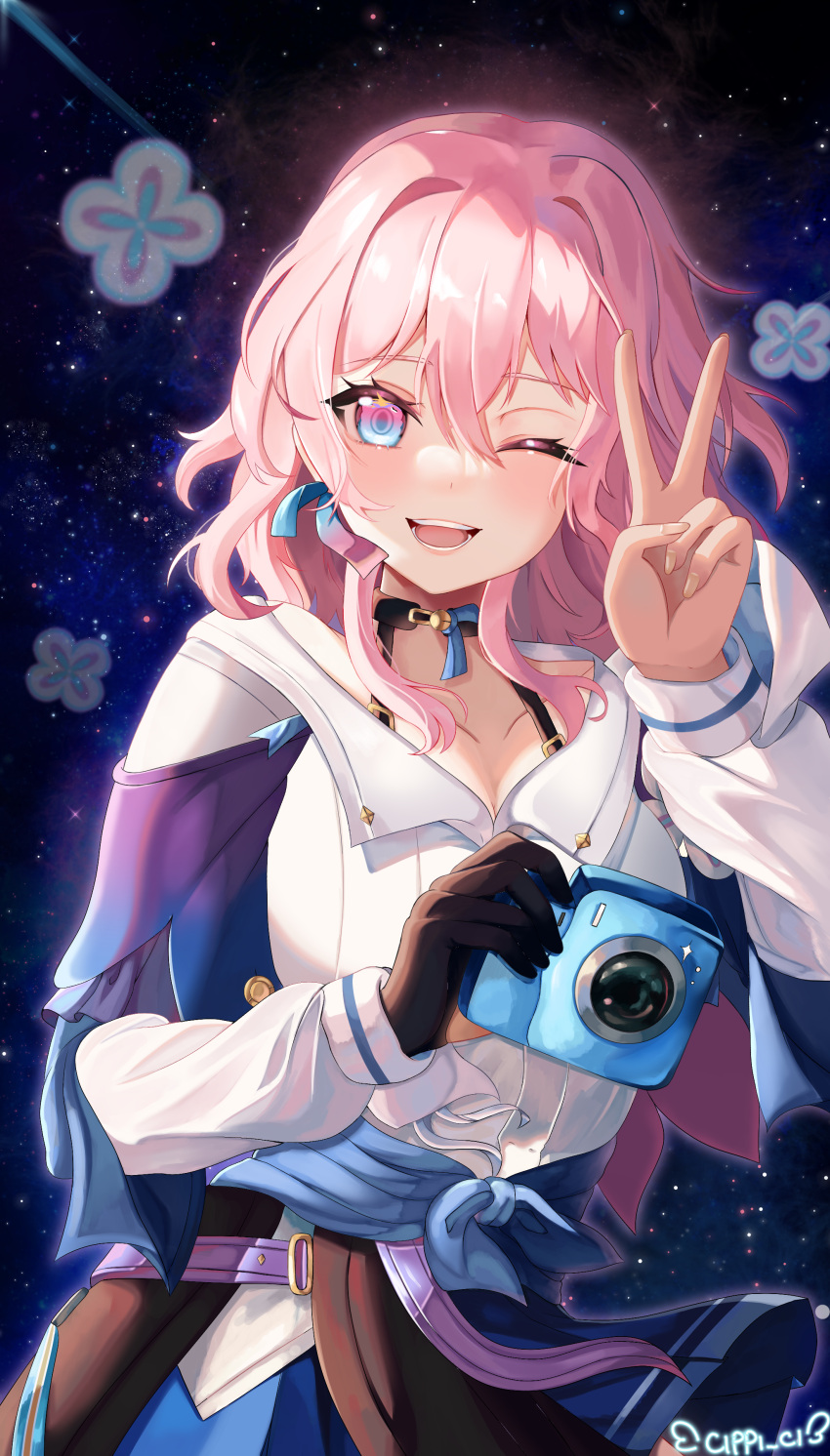 1girl absurdres blue_eyes blush camera cippi_ci highres holding holding_camera honkai:_star_rail honkai_(series) long_hair looking_at_viewer march_7th_(honkai:_star_rail) multicolored_eyes one_eye_closed open_mouth pink_hair shirt short_hair_with_long_locks sky smile solo star_(sky) starry_sky teeth v violet_eyes white_shirt