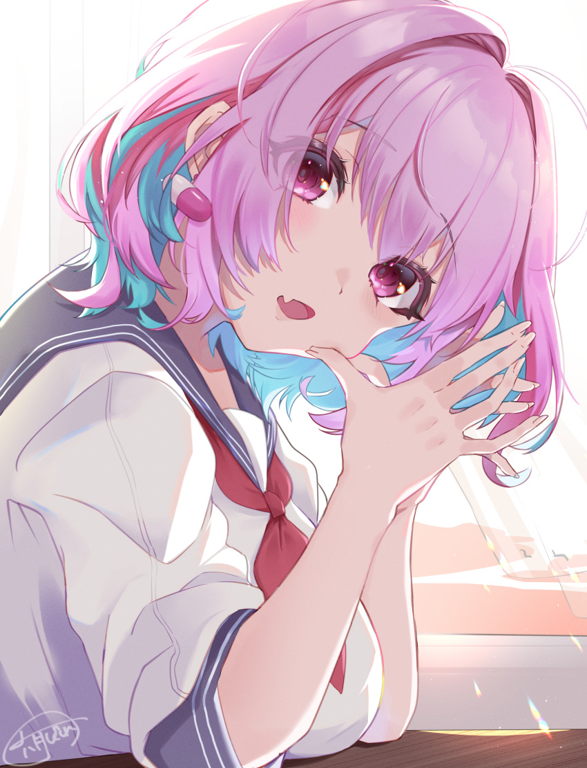 1girl absurdres ahoge aqua_hair bob_cut breasts earrings fang highres idolmaster idolmaster_cinderella_girls idolmaster_cinderella_girls_starlight_stage jewelry large_breasts looking_at_viewer multicolored_hair neckerchief open_mouth own_hands_together pill_earrings pink_eyes pink_hair red_neckerchief rokugatsu_shigure school_uniform serafuku skin_fang solo two-tone_hair white_serafuku yumemi_riamu