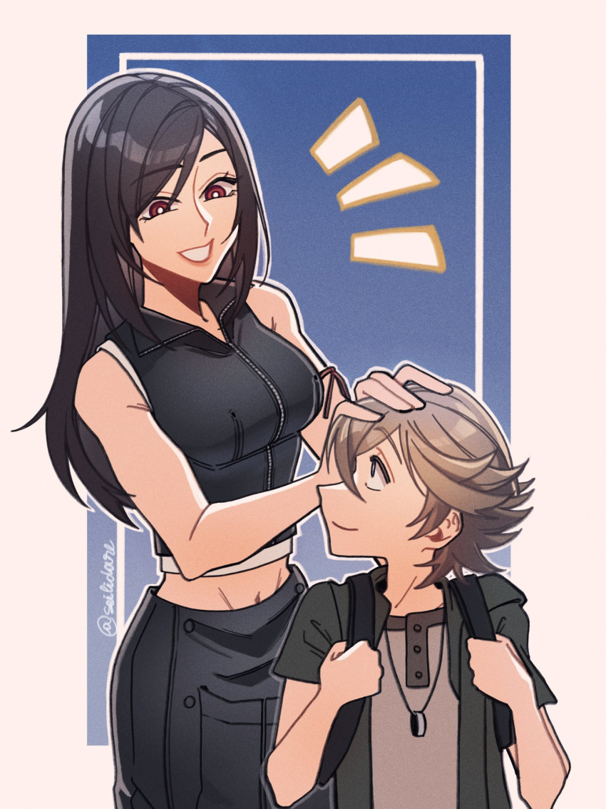 1boy 1girl apron arm_ribbon backpack bag bare_shoulders black_apron black_hair black_vest breasts brown_hair buttons closed_mouth cowboy_shot crop_top denzel english_commentary final_fantasy final_fantasy_vii final_fantasy_vii_advent_children headpat highres large_breasts long_hair looking_at_another male_child midriff_peek navel parted_lips red_eyes red_ribbon ribbon seilidare shirt short_hair short_sleeves smile swept_bangs tank_top tifa_lockhart twitter_username upper_body vest waist_apron white_tank_top