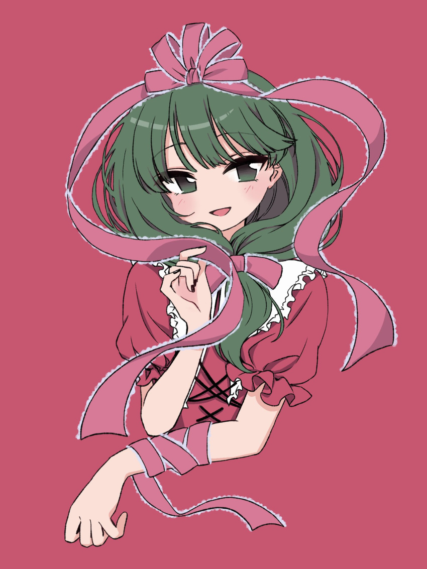 1girl :d arm_ribbon commentary cross-laced_clothes front_ponytail green_eyes green_hair hair_ribbon highres kagiyama_hina long_hair looking_at_viewer one-hour_drawing_challenge open_mouth red_background red_ribbon ribbon short_sleeves simple_background smile solo touhou upper_body ya_(inkokatte)