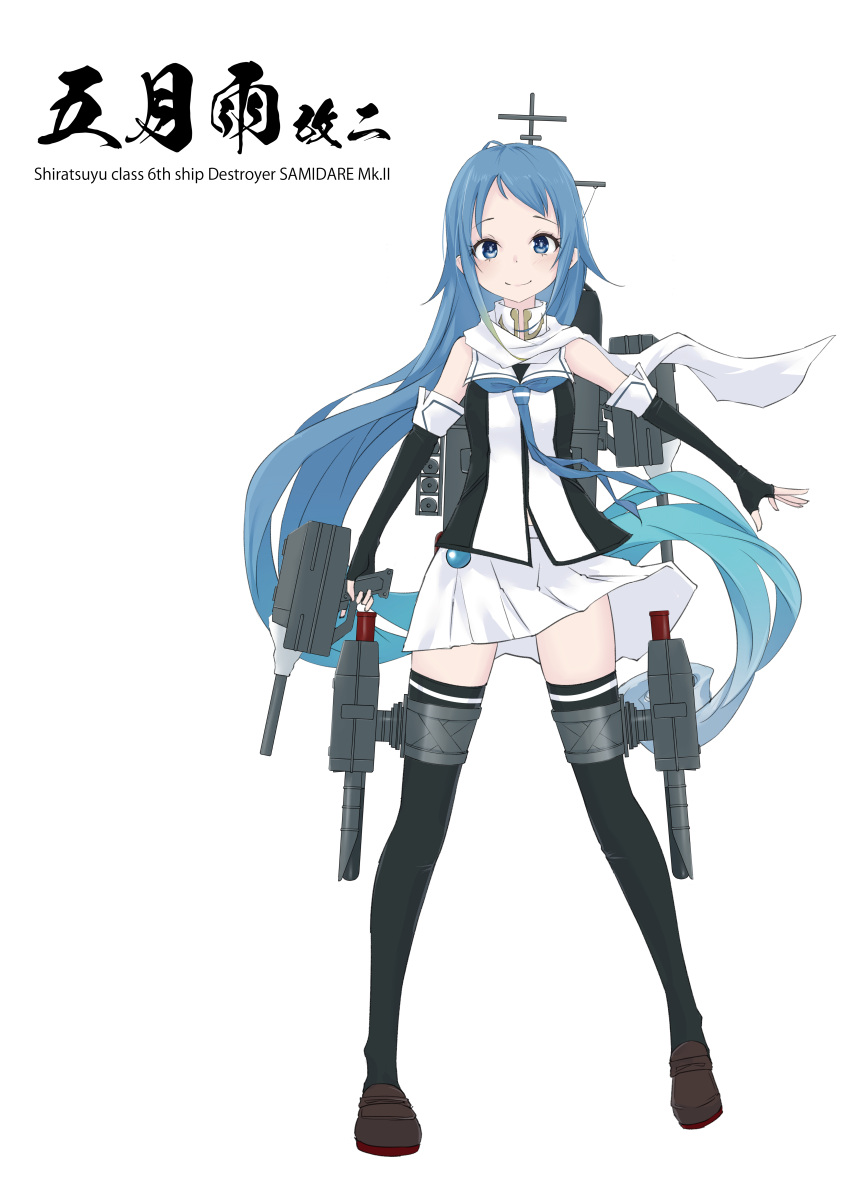 1girl absurdres adapted_turret black_gloves black_thighhighs blue_eyes blue_hair blue_neckerchief brown_footwear cannon character_name elbow_gloves fingerless_gloves full_body gloves highres kantai_collection loafers long_hair looking_at_viewer miniskirt neckerchief neve_(morris-minicooper) original_remodel_(kantai_collection) pleated_skirt rigging samidare_(kancolle) scarf school_uniform serafuku shoes skirt smile solo standing thigh-highs thigh_strap torpedo_launcher very_long_hair white_background white_scarf white_skirt