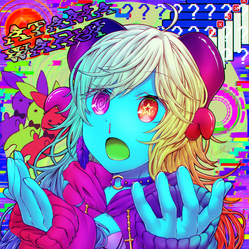 1girl ? @_@ ahoge album_cover blonde_hair blood blue_skin choker colored_skin colorful cover earrings eyelashes feather_earrings feathers glitch gradient_hair hardcore_tano_c heterochromia highres jewelry laur long_hair multicolored_hair nosebleed open_mouth rapunzelholic romaji_text sleeves_past_wrists solo song_name star_(symbol) star_in_eye stuffed_animal stuffed_rabbit stuffed_toy surreal symbol_in_eye window_(computing)