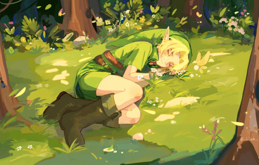 1boy artist_name belt blonde_hair boots brown_belt brown_footwear closed_eyes closed_mouth collared_shirt commentary day fairy flower forest full_body grass green_headwear green_shirt green_shorts green_tunic hat highres lilium_(lancccw) link lying male_focus nature on_grass on_side outdoors parted_bangs plant pointy_ears rock shirt short_hair short_shorts short_sleeves shorts sidelocks sleeping smile solo tatl the_legend_of_zelda the_legend_of_zelda:_ocarina_of_time tree tunic twitter_username white_flower young_link