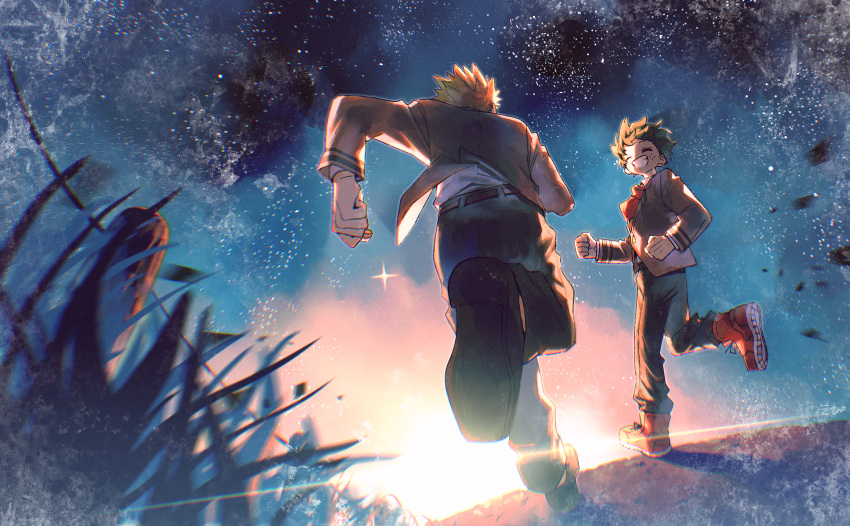 2boys ^_^ artist_name backlighting bakugou_katsuki belt black_belt black_footwear black_sky blazer blonde_hair bloom blue_pants blue_sky blurry blurry_foreground boku_no_hero_academia cattail chromatic_aberration clenched_hands closed_eyes collared_shirt commentary_request cross-laced_footwear depth_of_field diffraction_spikes dot_nose double_horizontal_stripe dutch_angle epi_(epi_ktdk) facing_another facing_to_the_side film_grain floating_clothes floating_hair foreshortening freckles from_behind gradient_sky grass green_eyes green_hair grey_jacket grin hands_up happy highres horizon jacket lapels leg_up light long_sleeves male_focus midoriya_izuku motion_blur multiple_boys necktie night night_sky notched_lapels outdoors pants pink_sky plant raised_eyebrows red_footwear red_necktie running school_uniform shadow shirt shoe_soles shoes short_hair sky smile sneakers spiky_hair star_(sky) starry_sky sun sunlight sunset turning_head u.a._school_uniform white_shirt