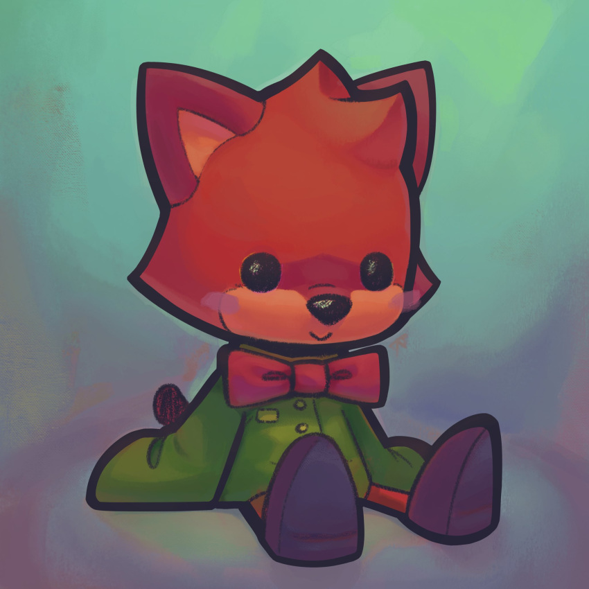 1boy animal_ears black_eyes blush bow bowtie chibi closed_mouth commentary cooki_bob english_commentary full_body furry furry_male green_shirt highres male_focus no_humans protagonist_(the_murder_of_sonic_the_hedgehog) red_bow red_bowtie shirt sitting sleeves_past_fingers sleeves_past_wrists smile solo sonic_(series) stuffed_toy tail the_murder_of_sonic_the_hedgehog traditional_bowtie