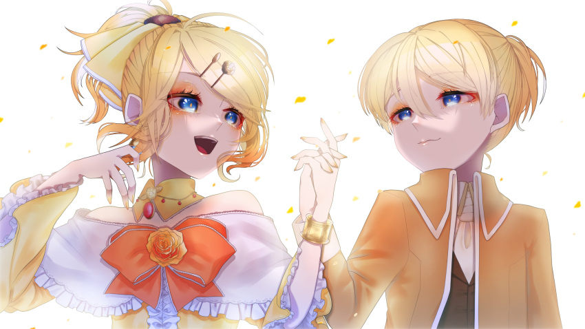 1boy 1girl absurdres aku_no_meshitsukai_(vocaloid) aku_no_musume_(vocaloid) allen_avadonia anniversary ascot backlighting bare_shoulders blonde_hair blue_eyes bow bracelet brooch brother_and_sister choker collared_jacket collared_shirt detached_collar dress dress_bow erifura evillious_nendaiki eyelashes eyeshadow falling_petals flat_chest frilled_dress frilled_sleeves frills hair_between_eyes hair_bow hair_ornament hairclip high_collar highres holding_hands interlocked_fingers jacket jewelry kagamine_len kagamine_rin long_sleeves makeup off-shoulder_dress off_shoulder orange_bow orange_eyeshadow orange_jacket pale_skin petals riliane_lucifen_d'autriche shirt short_ponytail siblings sidelocks skinny solo swept_bangs twins updo vocaloid wide_sleeves yellow_bow yellow_choker yellow_dress yellow_nails
