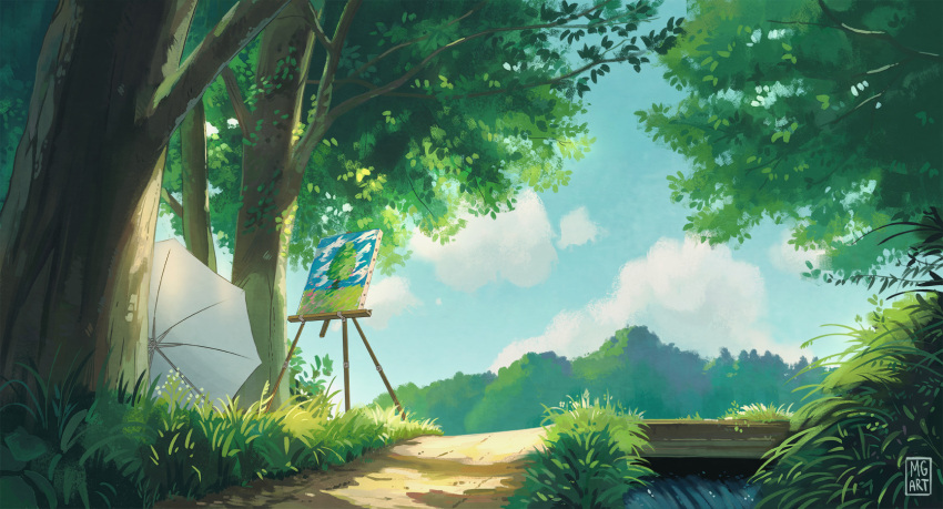 artist_name blue_sky canvas_(object) clouds cloudy_sky commentary day english_commentary forest grass highres kaze_tachinu marusa_gorjup nature no_humans outdoors painting_(object) scenery sky studio_ghibli studio_ghibli_(style) tree umbrella