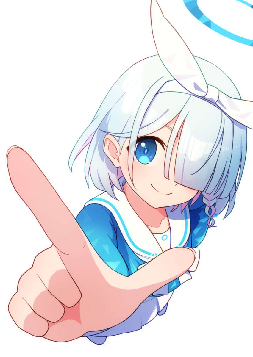 1girl afnroll aqua_eyes arona_(blue_archive) blue_archive blue_eyes blue_hair bow closed_mouth from_above hair_bow hair_over_one_eye halo highres light_blue_hair long_bangs looking_at_viewer pointing pointing_at_viewer school_uniform smile smug solo