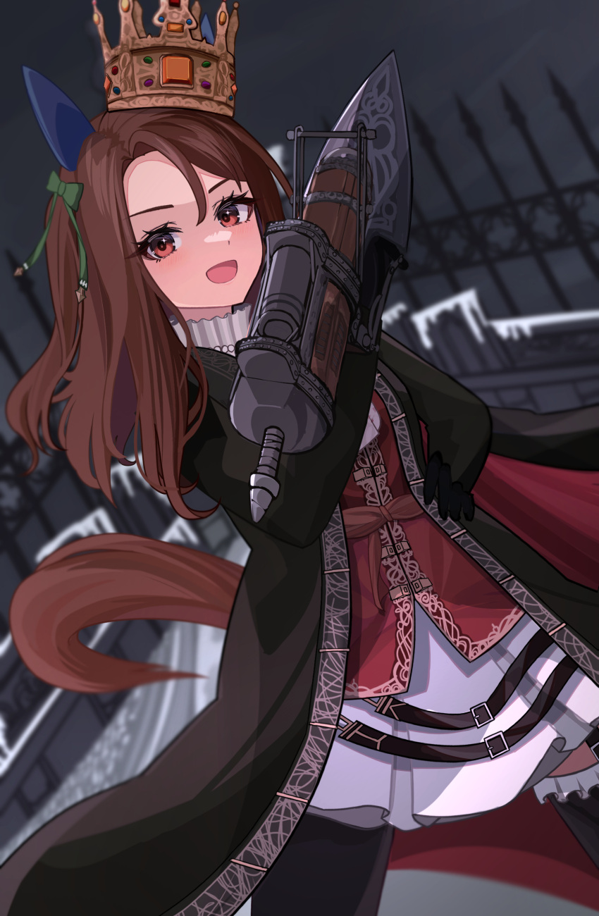 1girl absurdres alternate_costume animal_ears black_coat black_thighhighs bow brown_hair coat crown dutch_angle ear_covers feet_out_of_frame fence gloves hair_bow hand_on_own_hip harawata_(harawata_000) highres holding holding_weapon horse_ears horse_girl horse_tail king_halo_(umamusume) laughing long_hair looking_at_viewer parted_bangs red_eyes side_ponytail tail thigh-highs umamusume weapon