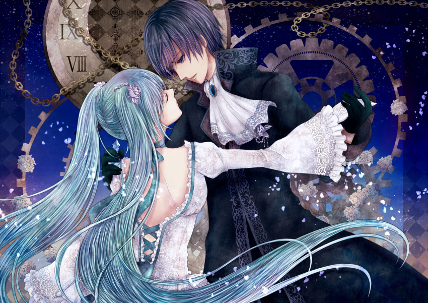 1boy 1girl aqua_hair ascot backless_dress backless_outfit black_coat black_gloves blue_background blue_eyes blue_hair brooch chain clock closed_eyes coat commentary dancing dress facing_another falling_petals flower formal frilled_dress frills gears gem gloves gold_chain hair_flower hair_ornament hand_on_another's_shoulder hatsune_miku highres holding_hands ichimura_satsuki jewelry kaito_(vocaloid) lace-trimmed_dress lace_trim looking_at_another looking_down outstretched_arm petals roman_numeral standing twintails upper_body vocaloid white_ascot white_dress white_gloves