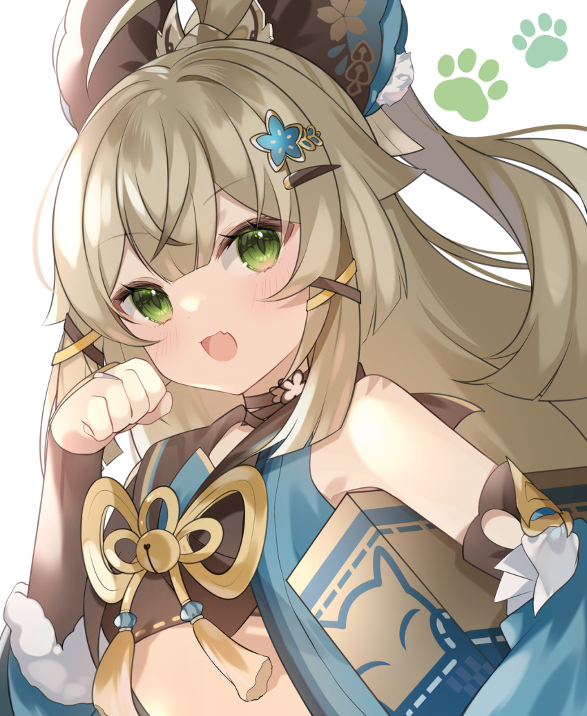 1girl :d animal_ears animal_hands bare_shoulders blush box cat_paws choker fake_animal_ears fang genshin_impact green_eyes hair_ornament hairclip highres holding holding_box kirara_(genshin_impact) long_hair looking_at_viewer open_mouth paw_pose simple_background skin_fang smile solo star_(symbol) star_hair_ornament tassel upper_body white_background x_hair_ornament yuni_(irohasuiroiro)