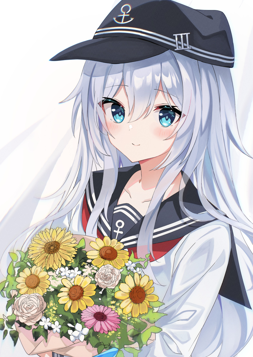 1girl absurdres anchor_symbol blue_eyes bouquet collarbone fathom flat_cap flower hat hibiki_(kancolle) highres holding holding_bouquet kantai_collection light_smile long_hair sailor_collar solo white_hair