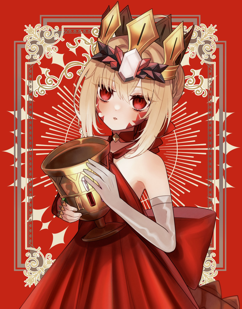 absurdres blonde_hair braid breasts choker crown dress fate/grand_order fate_(series) gloves highres holding nero_claudius_(fate) noa_pisces ornament queen_draco_(fate) red_background red_choker red_dress red_eyes small_breasts white_gloves
