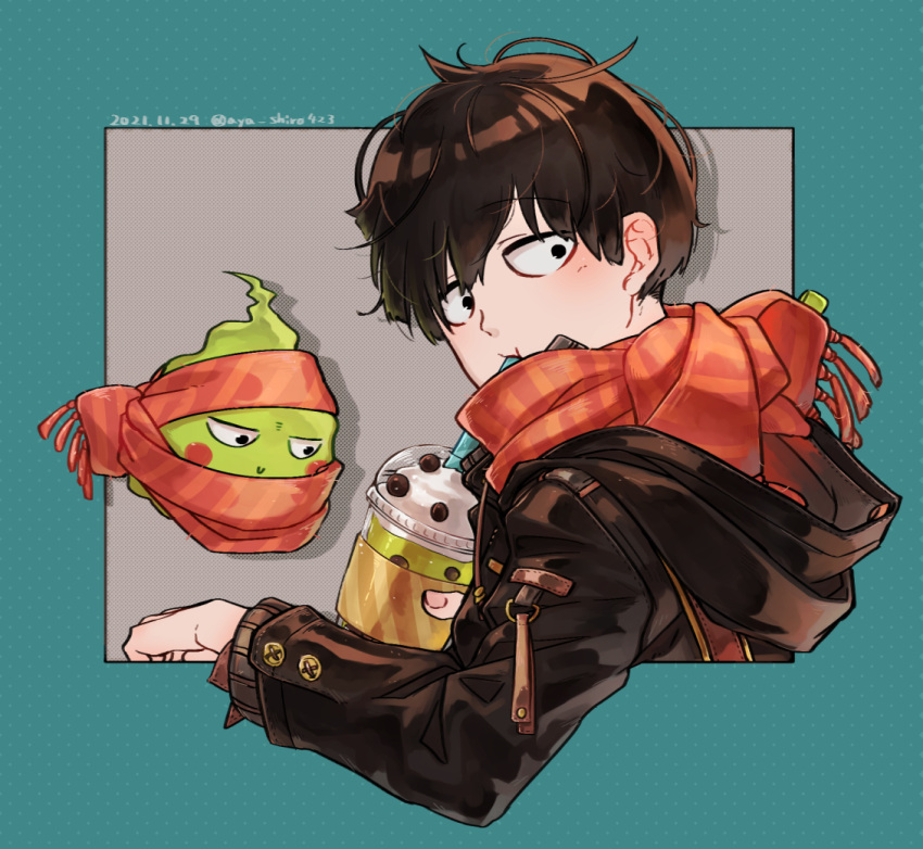 2boys artist_name aya_shiro423 black_eyes black_hair cropped_torso cup dated disposable_cup drinking ekubo_(mob_psycho_100) holding holding_cup hood hood_down kageyama_shigeo long_sleeves male_focus mob_psycho_100 multiple_boys red_scarf scarf simple_background spirit two-tone_background upper_body