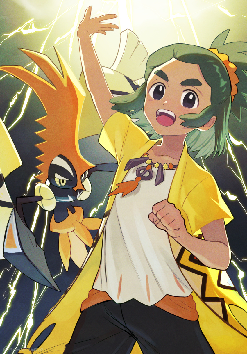 1boy arm_up black_eyes black_shorts clenched_hand coat collarbone commentary_request electricity furukawa_raku green_hair hair_ornament hair_scrunchie hau_(pokemon) hau_(sygna_suit)_(pokemon) highres jewelry male_focus necklace official_alternate_costume open_clothes open_coat open_mouth pokemon pokemon_(creature) pokemon_(game) pokemon_masters_ex scrunchie shirt shorts tapu_koko teeth tongue white_shirt yellow_coat