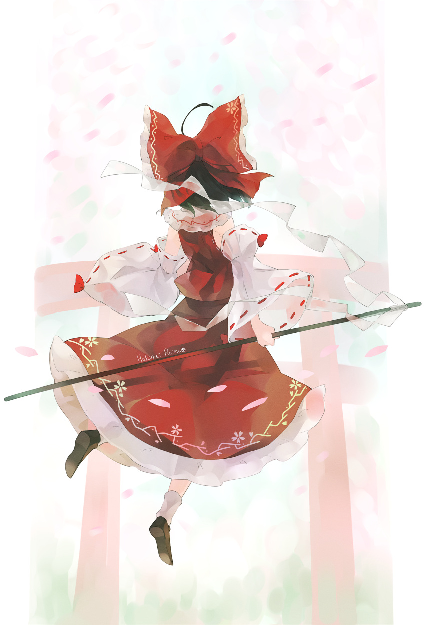 1girl bare_shoulders bow character_name detached_sleeves floating from_behind full_body gohei hair_bow hakurei_reimu highres holding holding_stick long_sleeves motion_blur muted_color o_(crazyoton46) petals petticoat red_skirt red_vest see-through skirt skirt_set solo stick torii touhou translucent vest wide_sleeves