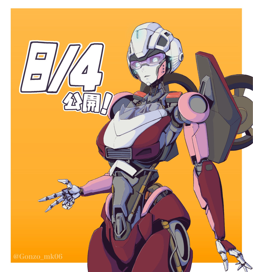 1girl arcee autobot blue_eyes border cable gonzo_mk06 highres looking_at_viewer mecha orange_background outside_border parted_lips piston purple-tinted_eyewear robot solo sunglasses tinted_eyewear transformers transformers:_rise_of_the_beasts transformers_(live_action) twitter_username v white_border