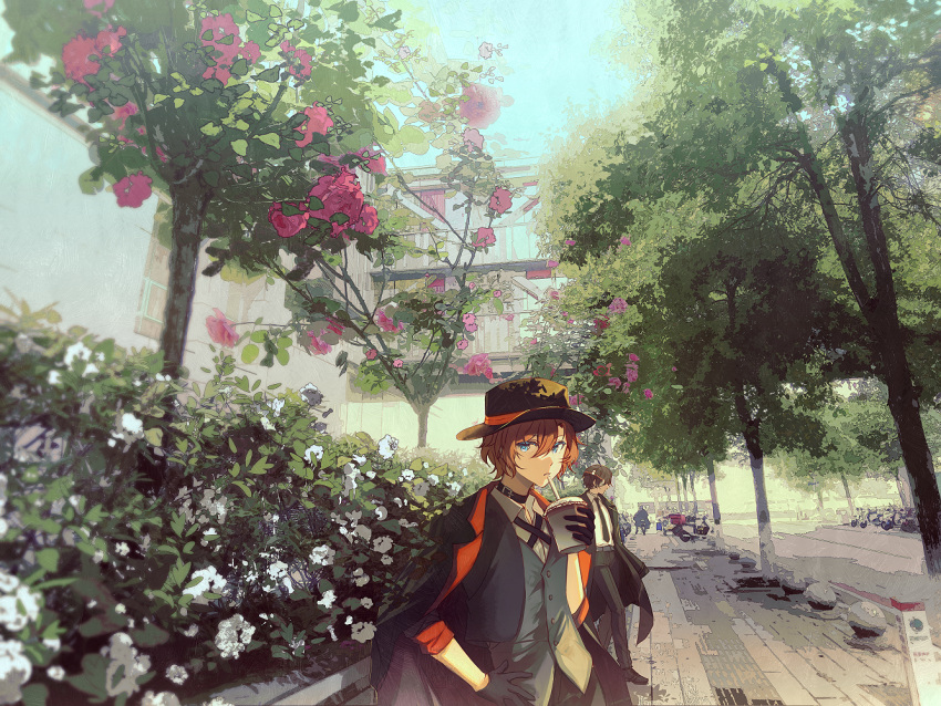 2boys black_gloves blurry brown_hair bubble_tea bungou_stray_dogs bush cape choker city dazai_osamu_(bungou_stray_dogs) depth_of_field drink drinking flower gloves green_eyes hand_on_own_hip hat kleinlight looking_at_viewer looking_to_the_side male_focus multiple_boys nakahara_chuuya necktie outdoors road scenery sidewalk street sunlight tree trench_coat vest