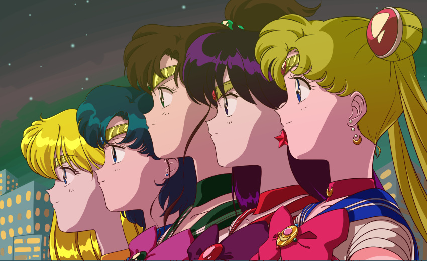 5girls aino_minako bishoujo_senshi_sailor_moon blonde_hair blue_choker blue_eyes blue_gemstone blue_hair blue_sailor_collar bow bowtie brooch brown_hair choker circlet closed_mouth commentary_request crescent crescent_choker crescent_earrings double_bun earrings english_commentary from_side gem gold gold_earrings green_choker green_eyes green_sailor_collar hair_bobbles hair_bun hair_ornament highres hino_rei jewelry kino_makoto leotard long_hair magical_girl medium_hair mixed-language_commentary mizuno_ami multiple_girls orange_choker orange_gemstone parted_bangs pearl_(gemstone) pink_bow pink_bowtie ponytail purple_bow purple_bowtie purple_hair red_bow red_bowtie red_choker red_gemstone red_sailor_collar sailor_collar sailor_jupiter sailor_mars sailor_mercury sailor_moon sailor_senshi_uniform sailor_venus shirt short_hair short_sleeves sidelocks star_(symbol) star_earrings stud_earrings swept_bangs tsukino_usagi twintails very_long_hair vfwe2535 violet_eyes white_leotard white_shirt