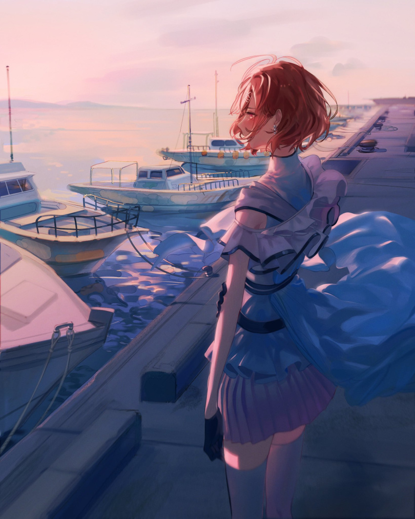1girl black_gloves boat brown_hair commentary_request dock earrings from_behind gloves highres higuchi_madoka idolmaster idolmaster_shiny_colors jewelry looking_away maitenn03 miniskirt pleated_skirt short_hair skirt solo thigh-highs twilight watercraft wind