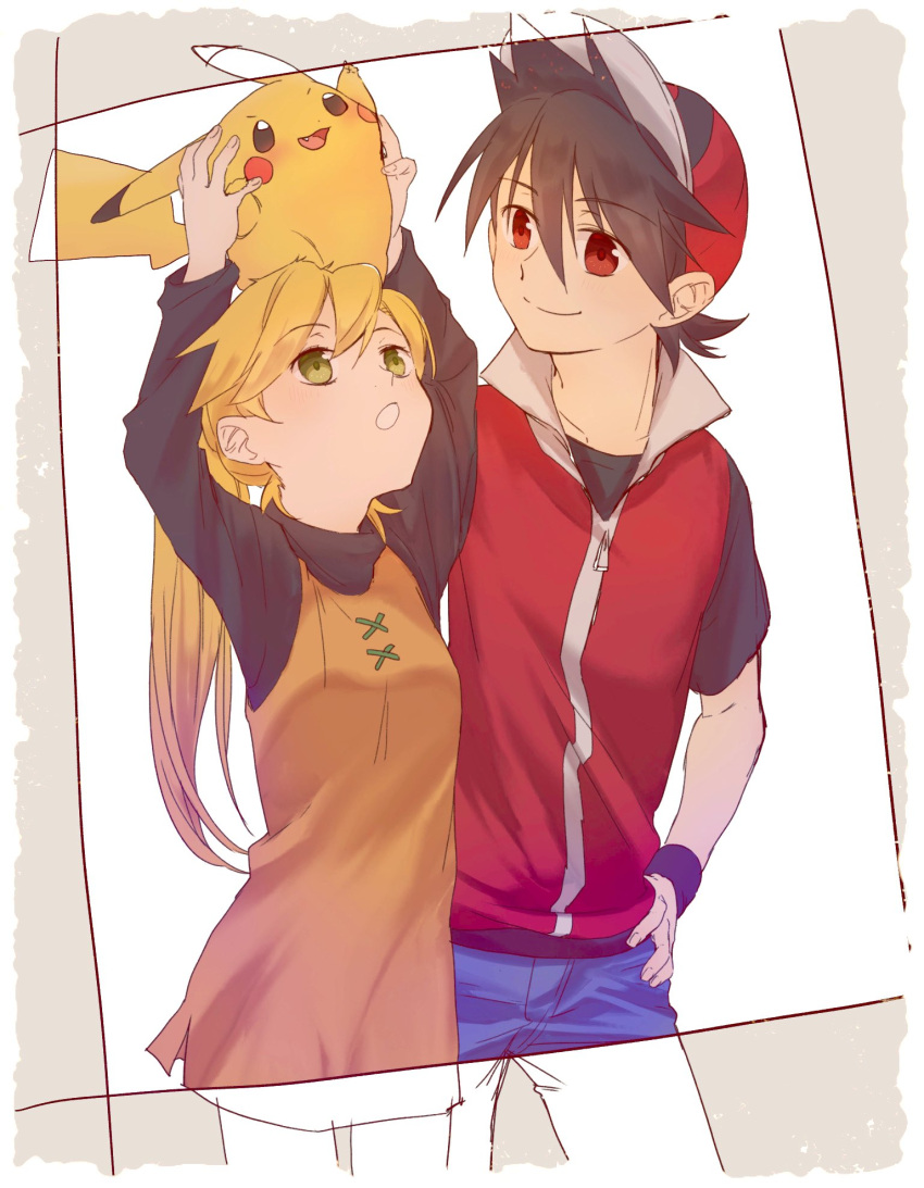 1boy 1girl baseball_cap black_hair black_shirt blonde_hair blue_pants carrying closed_mouth hand_on_own_hip hands_up hat highres holding holding_pokemon jacket long_hair long_sleeves looking_at_another looking_up natzu_(koikoi820) open_mouth outside_border pants pikachu pokemon pokemon_(creature) pokemon_adventures ponytail popped_collar princess_carry red_(pokemon) red_eyes red_jacket shirt short_hair short_sleeves simple_background smile spiky_hair yellow_(pokemon) yellow_eyes yellow_tunic