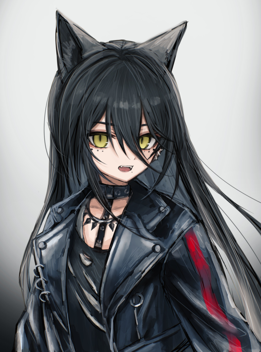 1girl 3_(sanyako1) animal_ears arknights black_choker black_hair black_jacket black_shirt cat_ears cat_girl choker dagda_(arknights) earrings fangs gothic hair_between_eyes highres jacket jewelry long_hair looking_at_viewer necklace open_clothes open_jacket scratches shirt slit_pupils solo torn_clothes torn_shirt upper_body very_long_hair yellow_eyes