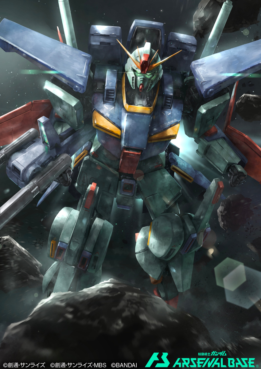 absurdres anaheim_electronics asteroid beam_rifle clenched_hand commentary_request energy_gun glowing glowing_eyes green_eyes gun gundam gundam_arsenal_base gundam_zz highres holding holding_gun holding_weapon looking_at_viewer mecha mobile_suit no_humans official_art robot science_fiction sky solo space star_(sky) starry_sky takuan_(a_mood_home) v-fin weapon zz_gundam