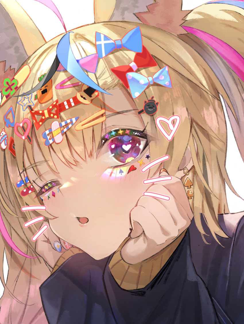 1girl absurdres animal_ear_fluff animal_ears black_hair black_jacket blonde_hair blue_hair blue_nails bow commentary drawn_whiskers earrings facial_mark fox_ears fox_girl hair_bow hair_ornament hairpin hands_on_own_cheeks hands_on_own_face hands_up heart heart-shaped_pupils highres hololive jacket jewelry kouhiipan light_blush long_sleeves looking_at_viewer medium_hair multicolored_hair multicolored_nails multiple_hair_bows multiple_hairpins nail_art nail_polish official_alternate_costume official_alternate_hairstyle omaru_polka omaru_polka_(4th_costume) one_eye_closed parted_lips pink_hair pink_nails purikura school_uniform simple_background solo streaked_hair symbol-shaped_pupils upper_body violet_eyes virtual_youtuber white_background