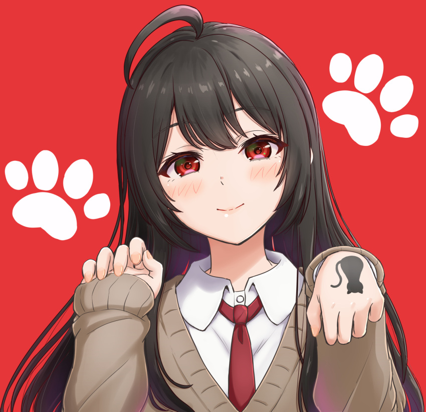1girl ahoge animal_print black_hair blush brown_cardigan cardigan cat_print closed_mouth collared_shirt commentary_request highres inanaki_shiki long_hair long_sleeves looking_at_viewer necktie original paw_pose paw_print paw_print_background red_background red_eyes red_necktie school_uniform shirt simple_background smile solo white_shirt