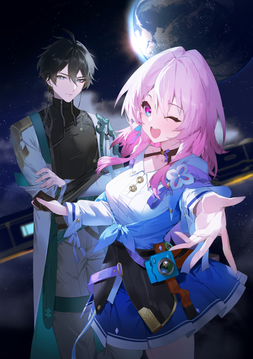 1boy 1girl absurdres aqua_eyes astral_express_(honkai:_star_rail) black_hair black_shirt blue_jacket blue_skirt breasts brown_pants camera chinese_clothes coat commentary cowboy_shot crossed_arms danheng_(honkai:_star_rail) eyeshadow flower_ornament front-tie_top green_eyes ground_vehicle highres honkai:_star_rail honkai_(series) ichibi jacket jewelry light_smile long_jacket looking_at_viewer makeup march_7th_(honkai:_star_rail) medium_breasts necklace one_eye_closed open_mouth outdoors outstretched_hand pants pink_eyes pink_hair planet pleated_skirt red_eyeshadow shirt short_hair sidelocks skirt smile space teeth train two-tone_eyes underbust upper_teeth_only white_coat white_shirt