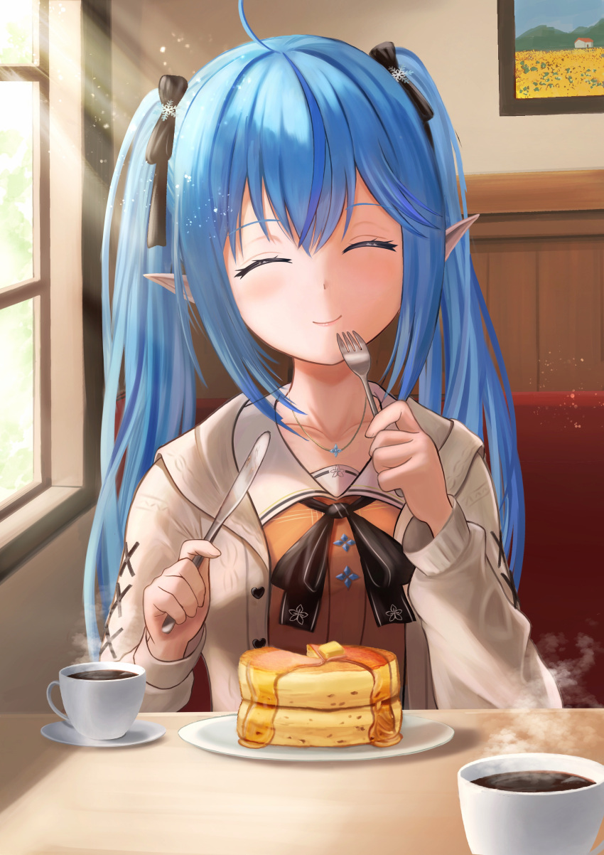 1girl absurdres ahoge blue_hair butter cafe closed_eyes coffee_mug coppelion1991 cup eating elf facing_viewer food fork hair_between_eyes highres holding holding_fork holding_knife hololive jewelry knife long_hair long_sleeves mug multicolored_hair necklace pancake picture_(object) picture_frame plate pointy_ears pov_dating smile solo steam streaked_hair sunlight syrup twintails virtual_youtuber window yukihana_lamy