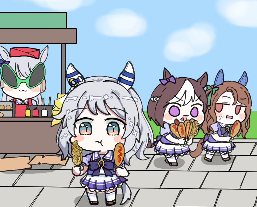 4girls :t alternate_headwear animal_ears apron ash_ketchum blush_stickers bow bowtie braid brown_footwear chibi commentary ear_bow ear_covers eating food food_stand french_braid gabeu_(miracle_t) gold_ship_(umamusume) green_bow green_eyes grey_hair headgear highres hishi_miracle_(umamusume) holding holding_food horse_ears horse_girl horse_tail king_halo_(umamusume) long_hair medium_hair multicolored_hair multiple_girls mustard one_side_up outdoors pink_eyes pleated_skirt puffy_short_sleeves puffy_sleeves purple_bow purple_bowtie purple_shirt red_apron red_eyes sailor_collar sausage school_uniform shirt short_hair short_sleeves sideways_glance skirt special_week_(umamusume) summer_uniform sunglasses sweatdrop tail tongue tongue_out tracen_school_uniform two-tone_eyes two-tone_hair umamusume violet_eyes wavy_hair white_hair white_sailor_collar white_skirt