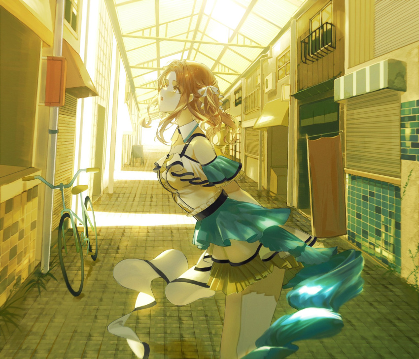 1girl bare_shoulders bicycle brown_eyes brown_hair commentary_request day from_side ground_vehicle highres ichikawa_hinana idolmaster idolmaster_shiny_colors long_hair looking_away maitenn03 miniskirt official_art pleated_skirt shop side_ponytail skirt solo tile_floor tiles