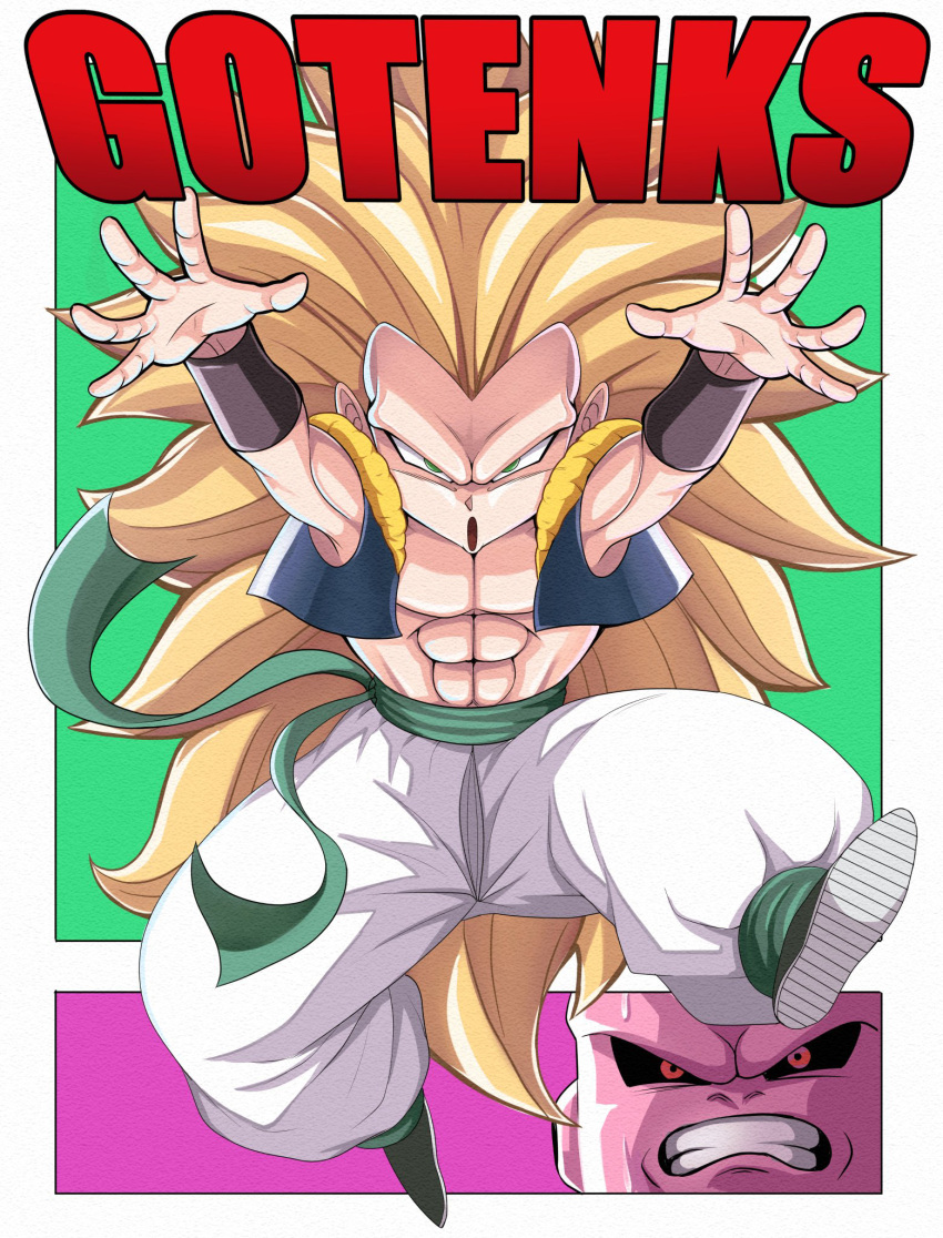 2boys abs act_(act_1113) arms_up baggy_pants black_sclera blonde_hair boots border bracer character_name clenched_teeth colored_sclera colored_skin commentary_request dragon_ball dragon_ball_z full_body gotenks green_background green_eyes green_footwear green_sash highres long_hair looking_at_viewer majin_buu male_focus metamoran_vest multiple_boys muscular muscular_male no_eyebrows open_clothes open_mouth open_vest outside_border pants pink_background pink_skin red_eyes sash simple_background spiky_hair super_buu super_saiyan super_saiyan_3 teeth v-shaped_eyebrows vest white_border white_pants
