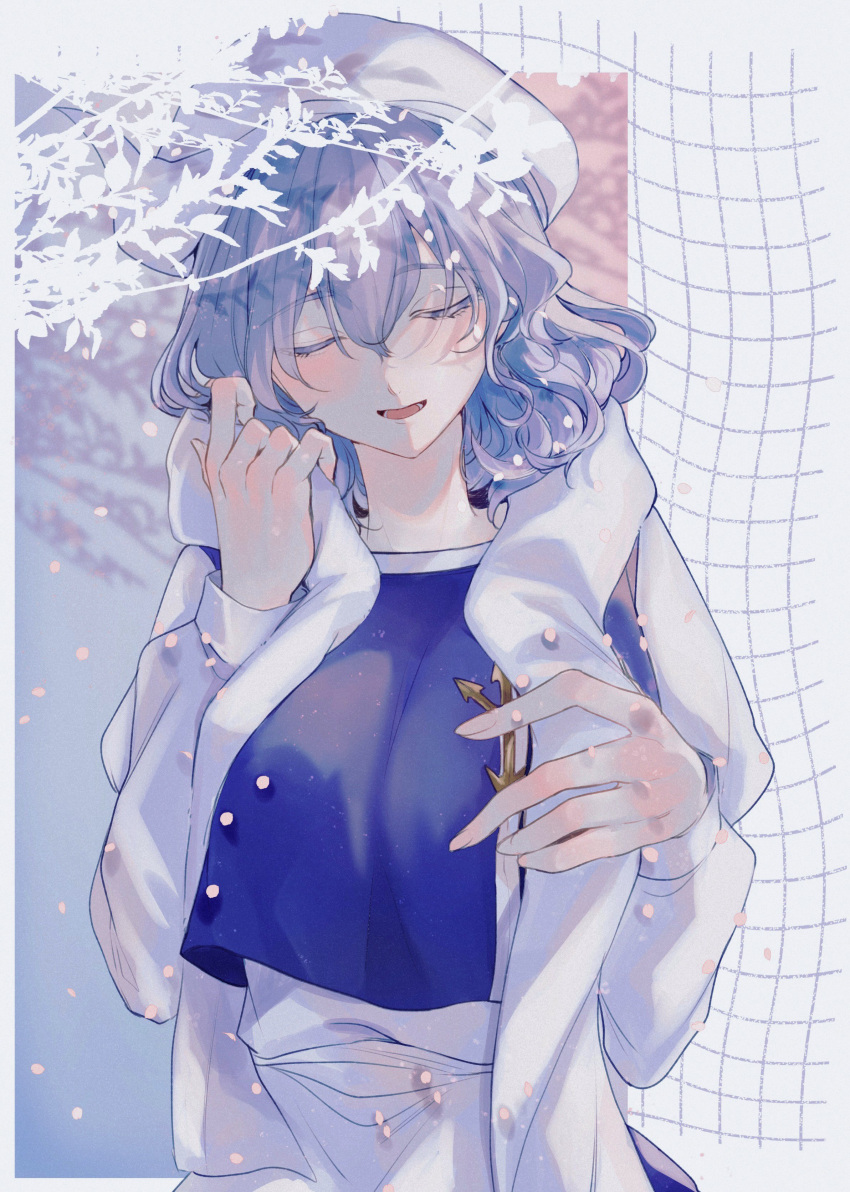 1girl absurdres blue_vest cherry_blossom_print closed_eyes copyright_request dress floral_print hands_on_own_head highres katai_(nekoneko0720) letty_whiterock touhou vest white_background white_dress white_headwear