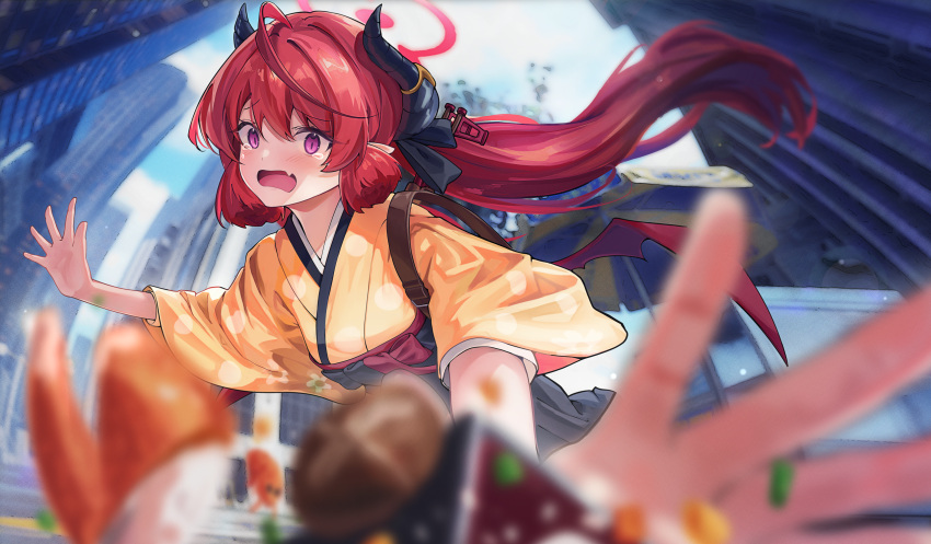 1girl bento black_skirt blue_archive halo highres japanese_clothes junko_(blue_archive) junko_(new_year)_(blue_archive) kimono lazy_cat looking_at_viewer redhead skirt solo twintails violet_eyes yellow_kimono