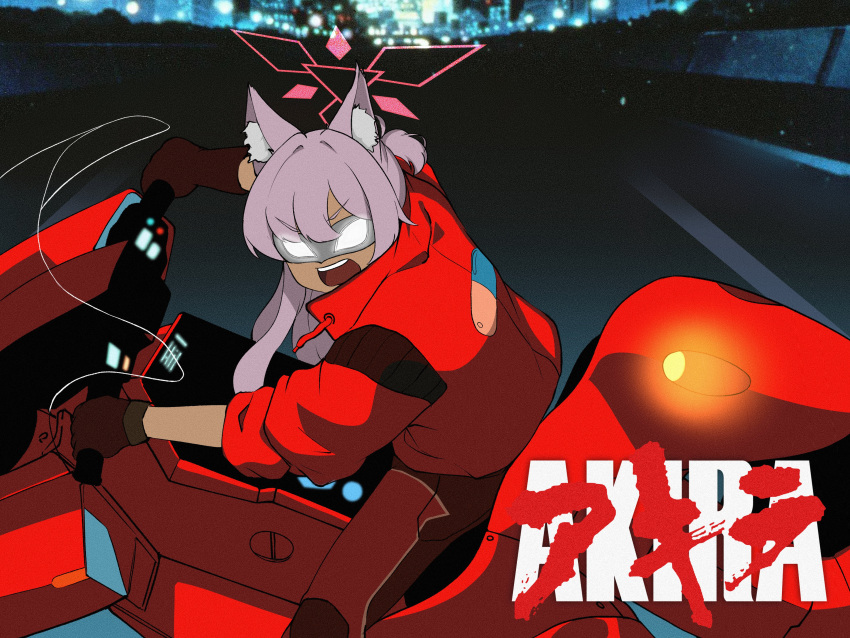 1girl absurdres akira akira_(blue_archive) alternate_costume animal_ear_fluff animal_ears black_gloves blue_archive blurry cat_ears cat_tail character_name commentary copyright_name cosplay depth_of_field eye_mask gloves glowing glowing_eyes grey_hair hair_between_eyes halo high_ponytail highres hrna jacket kaneda_shoutarou's_bike kaneda_shoutarou_(akira) kaneda_shoutarou_(akira)_(cosplay) long_hair long_sleeves looking_at_viewer motor_vehicle motorcycle name_connection night on_motorcycle open_clothes open_jacket parody phantom_thief red_jacket riding shouting sidelocks skyline solo tail teeth upper_teeth_only v-shaped_eyebrows