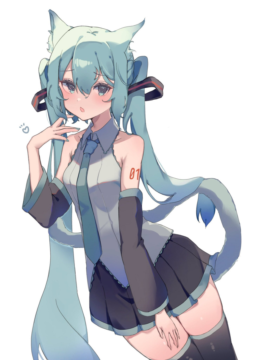 1girl :o animal_ear_fluff animal_ears ao_kotoha aqua_eyes aqua_hair bare_shoulders black_skirt black_sleeves breasts cat_ears cat_girl cat_tail collarbone deep_skin detached_sleeves eyelashes fang grey_shirt hair_between_eyes hair_ornament hair_twirling hand_up hatsune_miku highres long_hair looking_at_viewer necktie open_mouth pleated_skirt shirt sidelocks simple_background skin_fang skirt sleeveless sleeveless_shirt solo tail tail_raised thigh-highs twintails very_long_hair vocaloid white_background zettai_ryouiki