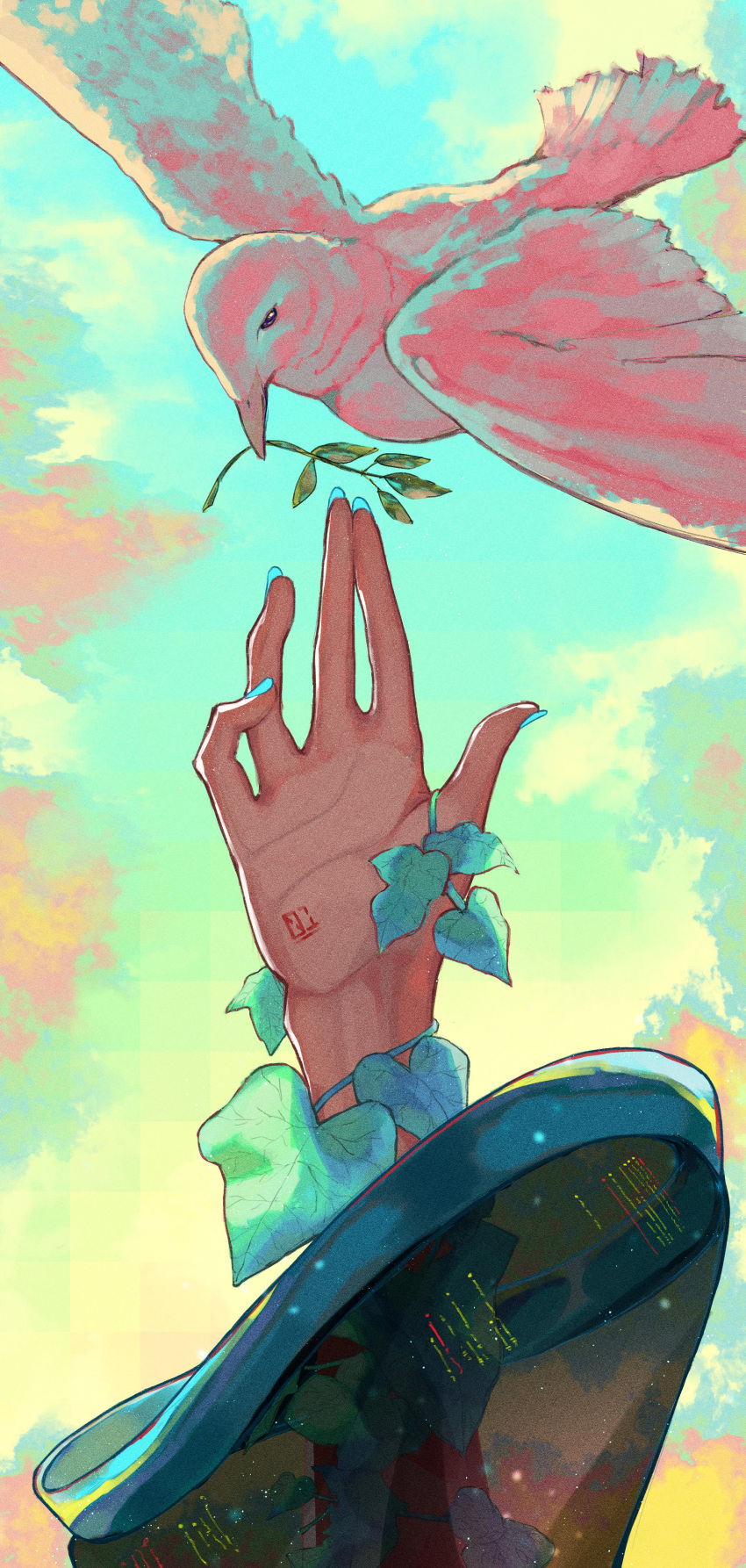 1girl absurdres aqua_nails aqua_theme beak_hold bird black_sleeves clouds cloudy_sky commentary_request day fingernails glitter green_sky green_theme hand_focus hand_tattoo hand_up hatsune_miku highres kobacha_(ochakoba) leaf light_particles limited_palette mouth_hold number_tattoo out_of_frame outdoors plant red_clouds see-through see-through_sleeves sky solo tattoo vines vocaloid white_bird wide_sleeves yellow_clouds