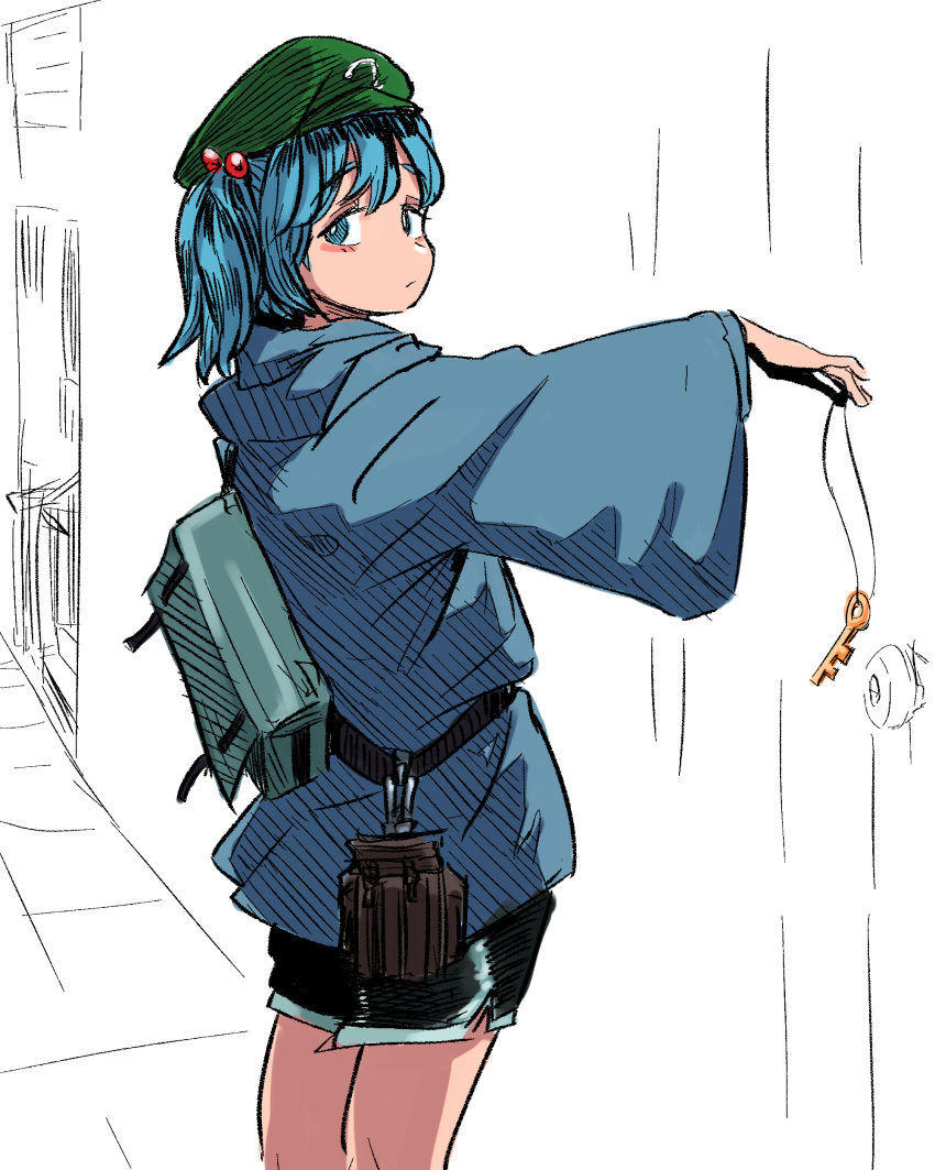 1girl absurdres adapted_costume arm_up bag blue_eyes blue_hair blue_hoodie blush cabbie_hat closed_mouth doorknob expressionless from_side green_headwear hat highres holding holding_key hood hoodie kawashiro_nitori key long_sleeves looking_at_viewer looking_to_the_side medium_hair neophyte outstretched_arm shorts shoulder_bag solo tareme touhou two_side_up wide_sleeves